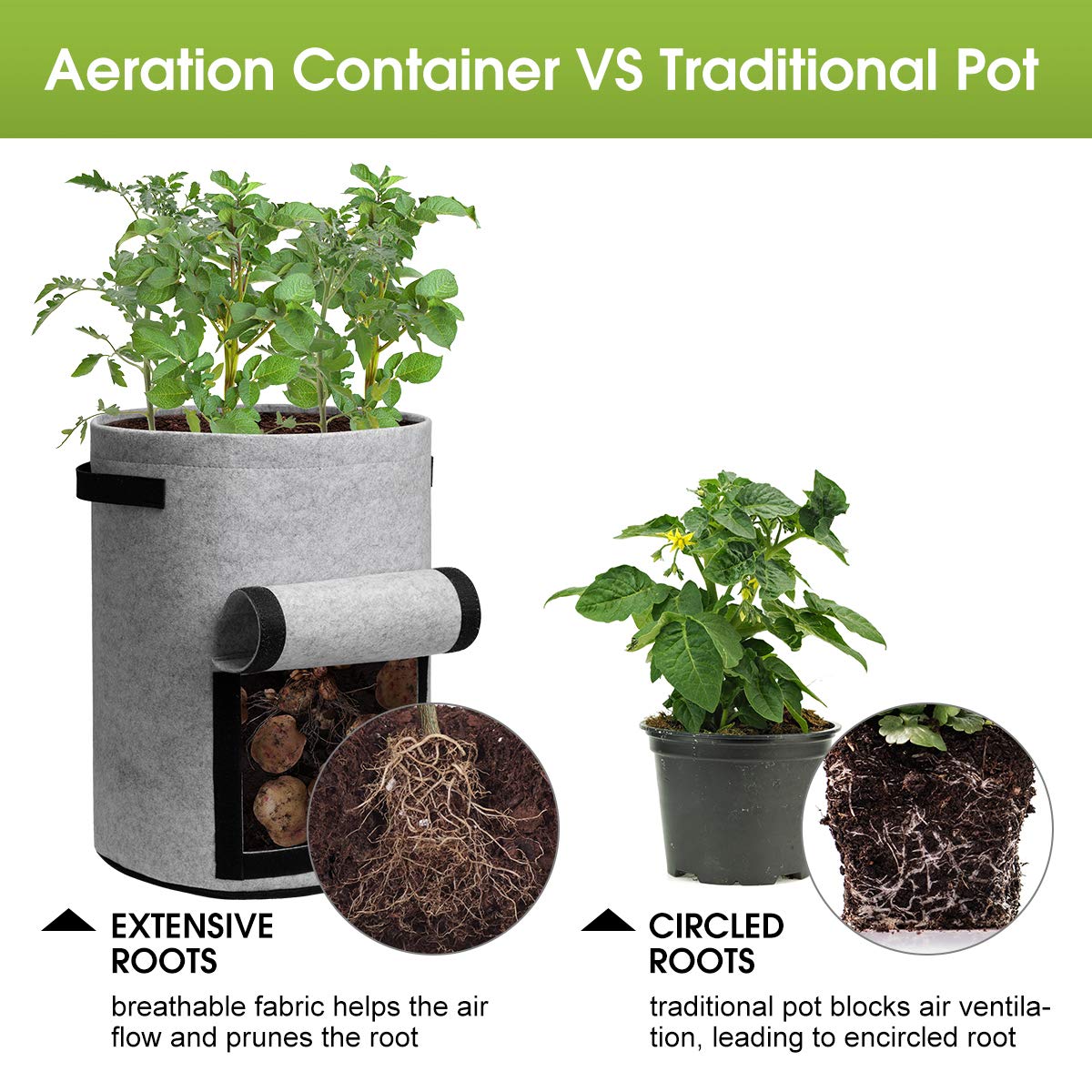 Potato Grow Bags with Flap 10 Gallon, 4 Pack Planter Pot with Handles and Harvest Window for Potato Tomato and Vegetables, Black and Gray