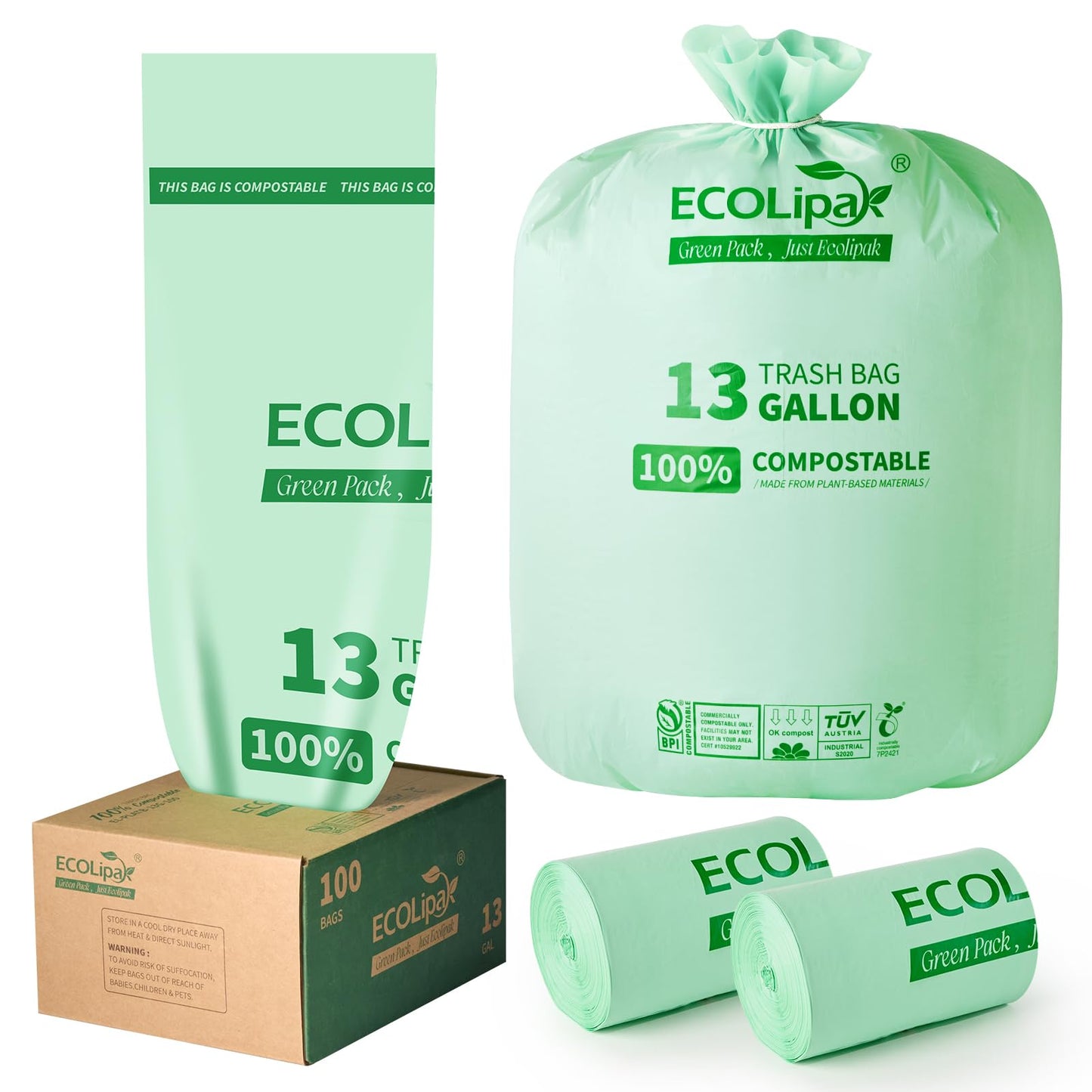 ECOLipak 49L Compostable Trash Bags – 100 Count (2 Rolls), Heavy Duty & Certified for Kitchen & Bathroom