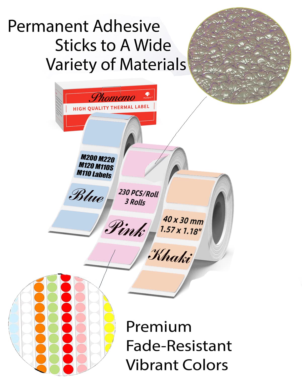 M110 Labels, M110 Thermal Labels for M110 M220 M221 Labels Maker - Pink & Blue & Khaki,1.96“, Thermal Labels Compatible with Phomemo M110 M220 M221 M150 M250 M260 Label Printer -140pcs, 3Rolls, Round