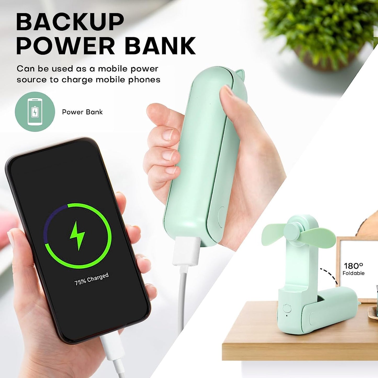 OHLGT Mini Ventilador Portátil: Silencioso, Recargable y Power Bank (9-15h)