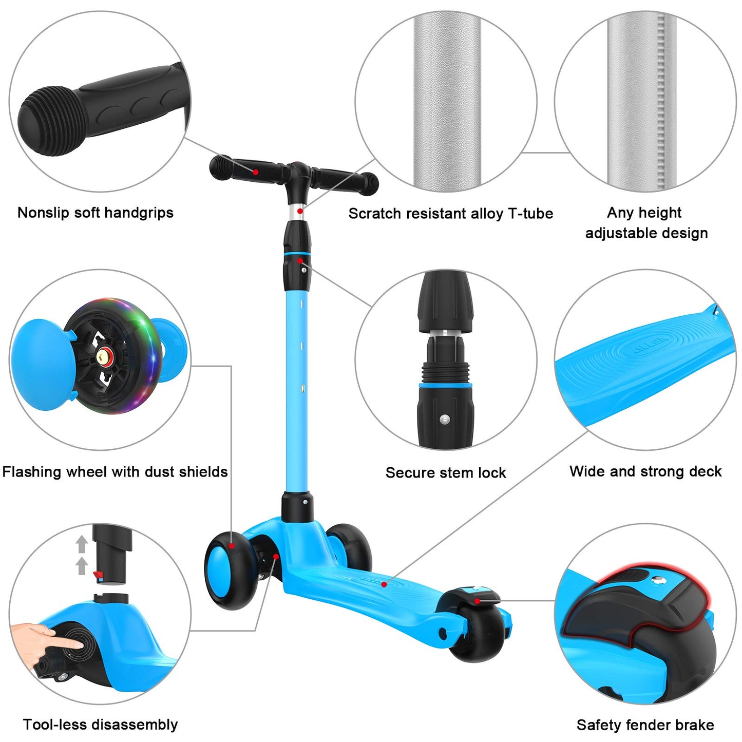 Allek Kick Scooter B03 for Kids (3-12 Years) — Style, Fun, and Safety on 3 Wheels with LED Lights, Adjustable Handlebar, and Reinforced Deck (Black)