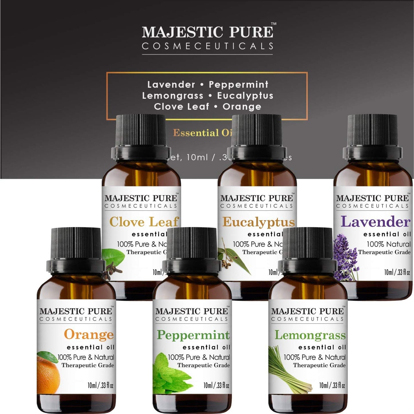 Majestic Pure 100% Pure Essential Oils Set - 6 x 10ml (Peppermint, Lavender, Eucalyptus, Tea Tree, Lemongrass) For Diffusers, Aromatherapy, Candles, Humidifiers
