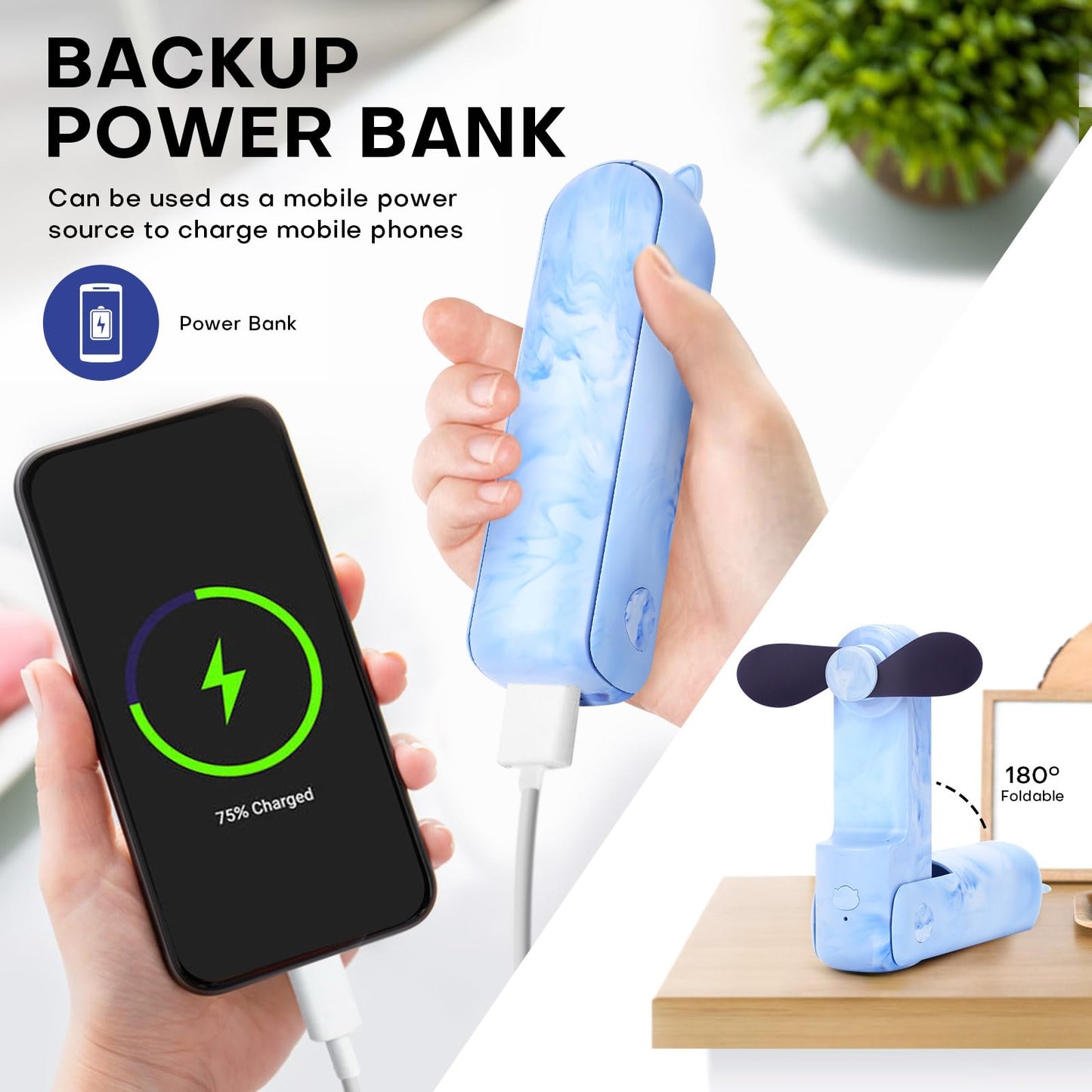 OHLGT Mini Ventilador Portátil: Silencioso, Recargable y Power Bank (9-15h)