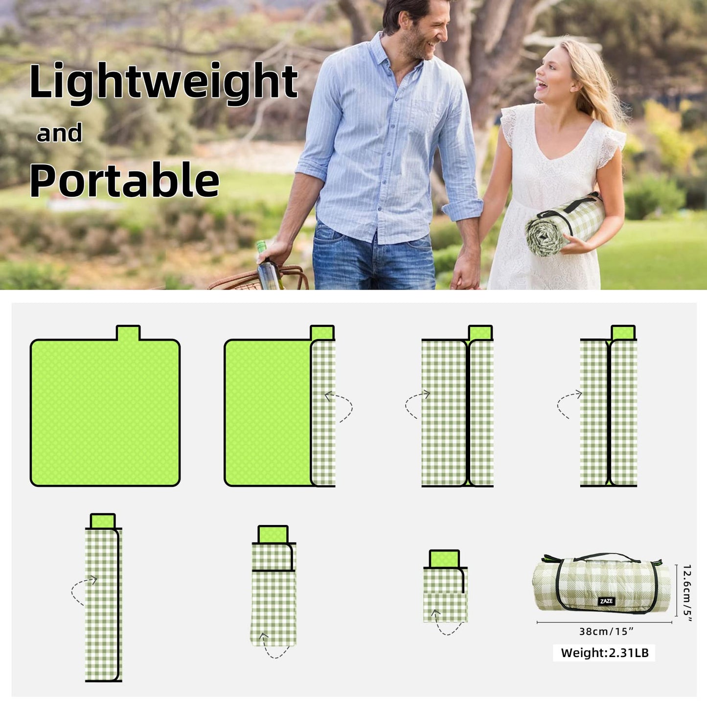 ZAZE XL Picnic Blanket 80"x80" — Waterproof, Foldable, Gingham Style for Beach, Camping, or Garden | Ideal for Couples, Weddings, and Green Gifts (Green/White)