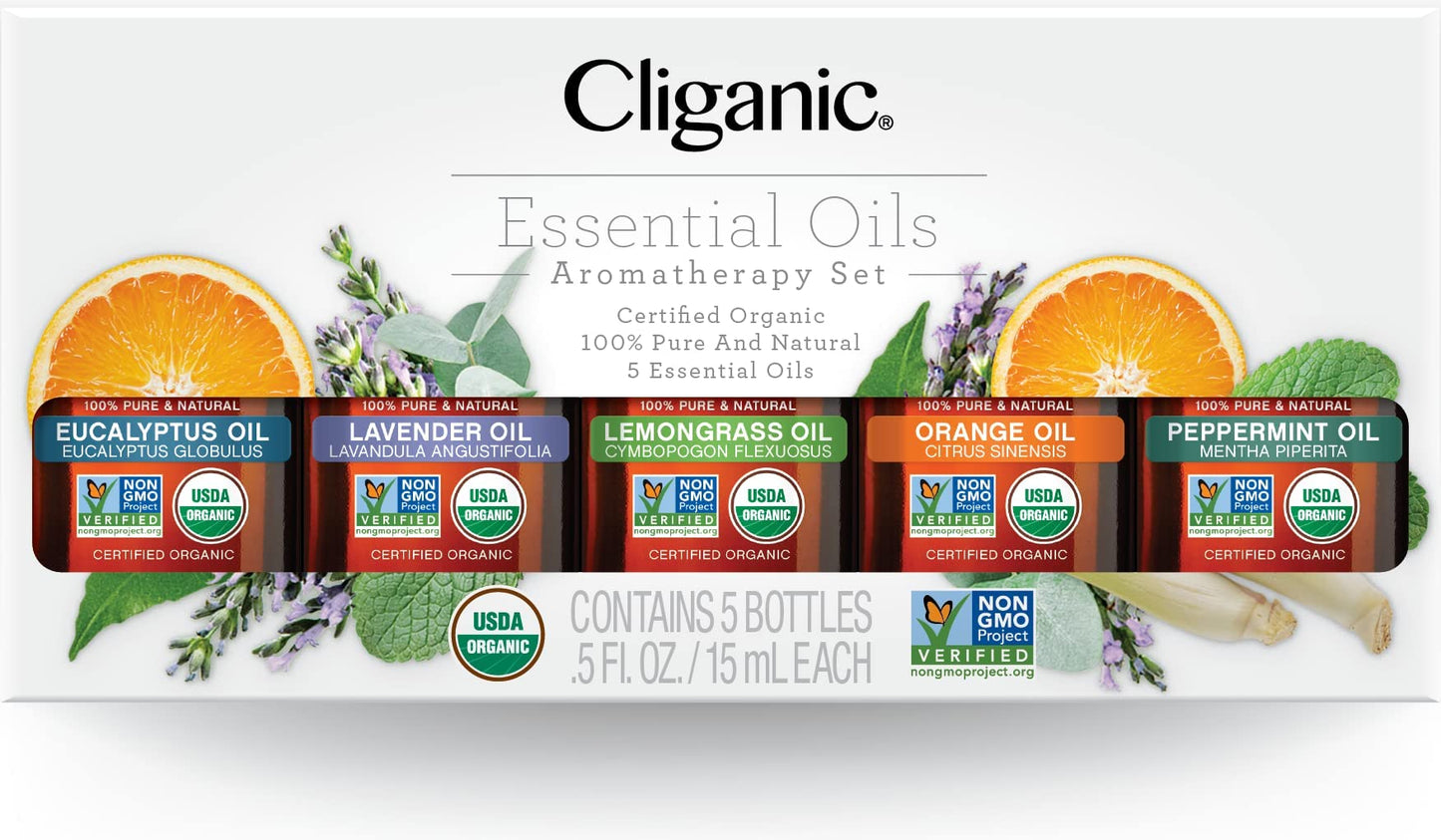Cliganic Organic Essential Oils Set (Top 5) - 100% Pure Natural - Aromatherapy, Candle Making - Peppermint, Lavender, Eucalyptus, Lemongrass & Orange (Packaging May Vary)