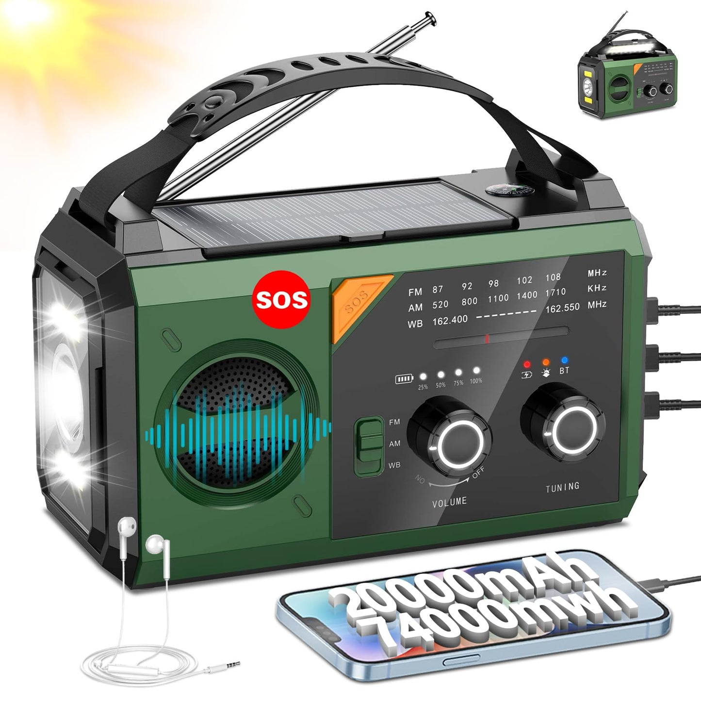 20000mAh Hand Crank Emergency Radio,AM/FM NOAA Weather Radio with 74000mWh Power Bank Cell Phone Charger,Solar Radio with LED Flashlight,USB Charged,Compass,SOS Alarm Camping & Survival(Grass Green)