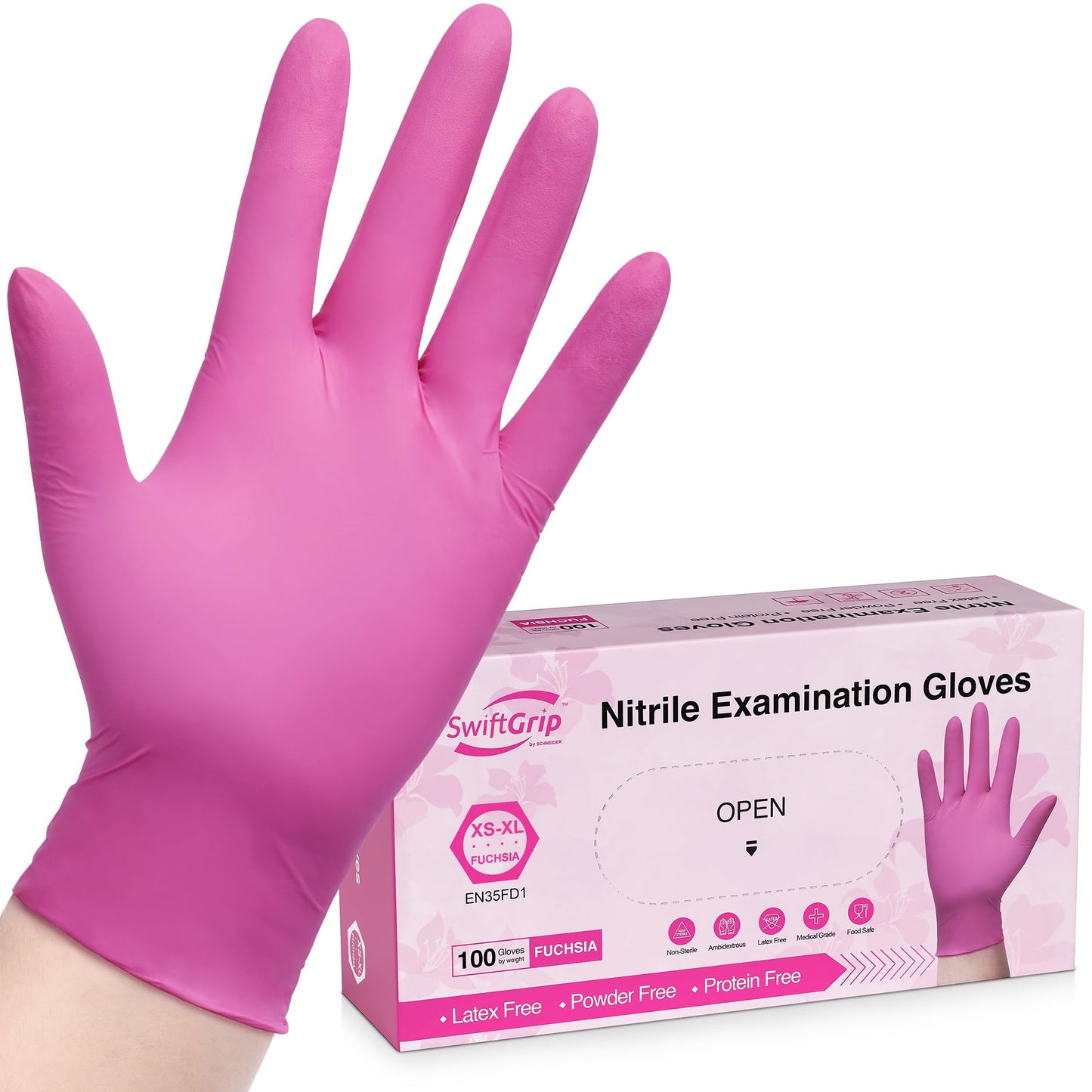 Powder-Free Nitrile Gloves, 100ct Box - 3-mil, Disposable Nitrile Gloves, Latex-Free, Powder-Free - Pink/Fuchsia