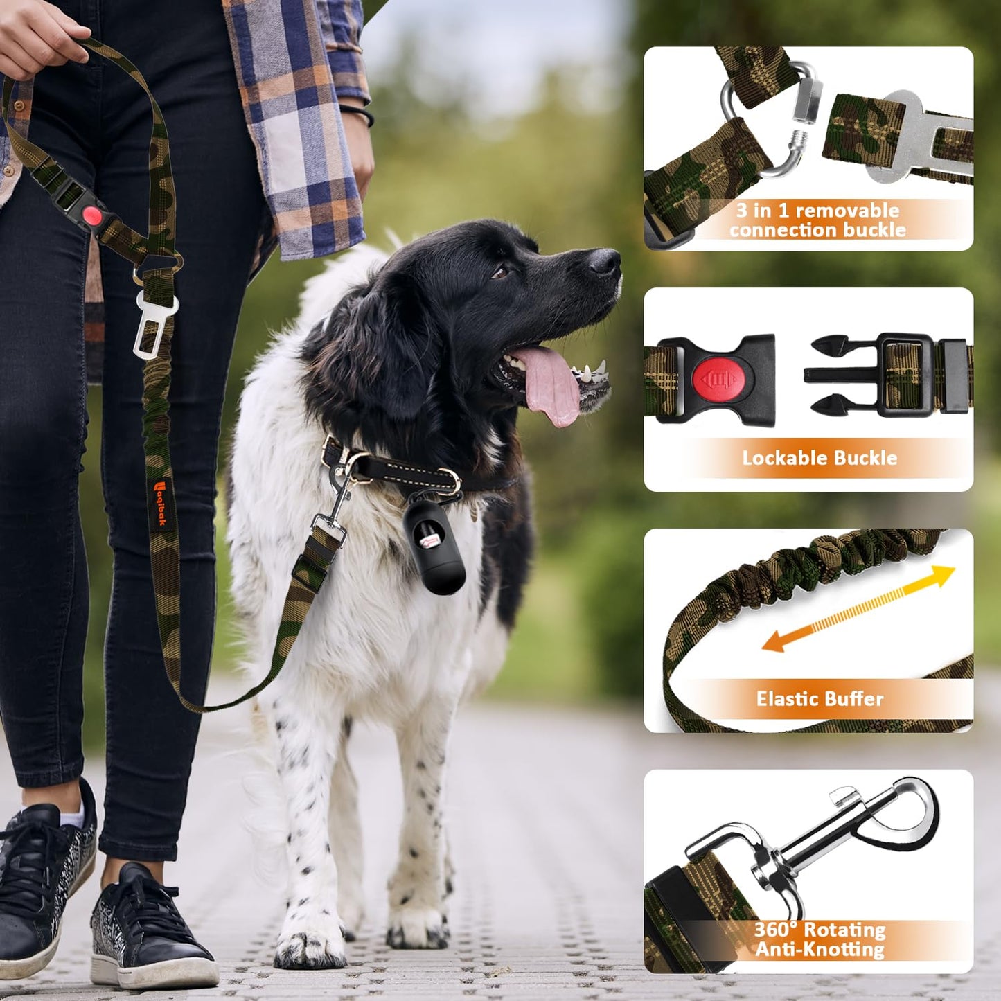 Removable Dog Seat Belt Harness for Car, 3 in 1 Pet Dog Car Seatbelt Leash, Retractable Restraint Secures to Vehicle Headrest & Adjustable Reflective Bungee Dog Seatbelt Tether, Blue and Black