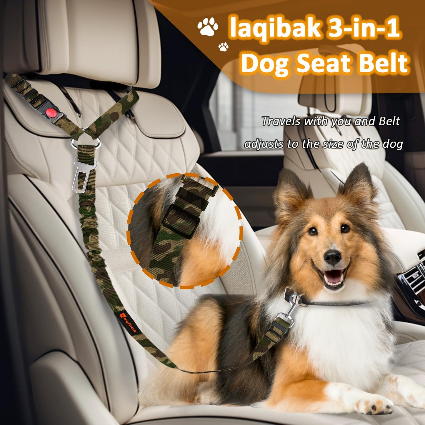 Removable Dog Seat Belt Harness for Car, 3 in 1 Pet Dog Car Seatbelt Leash, Retractable Restraint Secures to Vehicle Headrest & Adjustable Reflective Bungee Dog Seatbelt Tether, Blue and Black