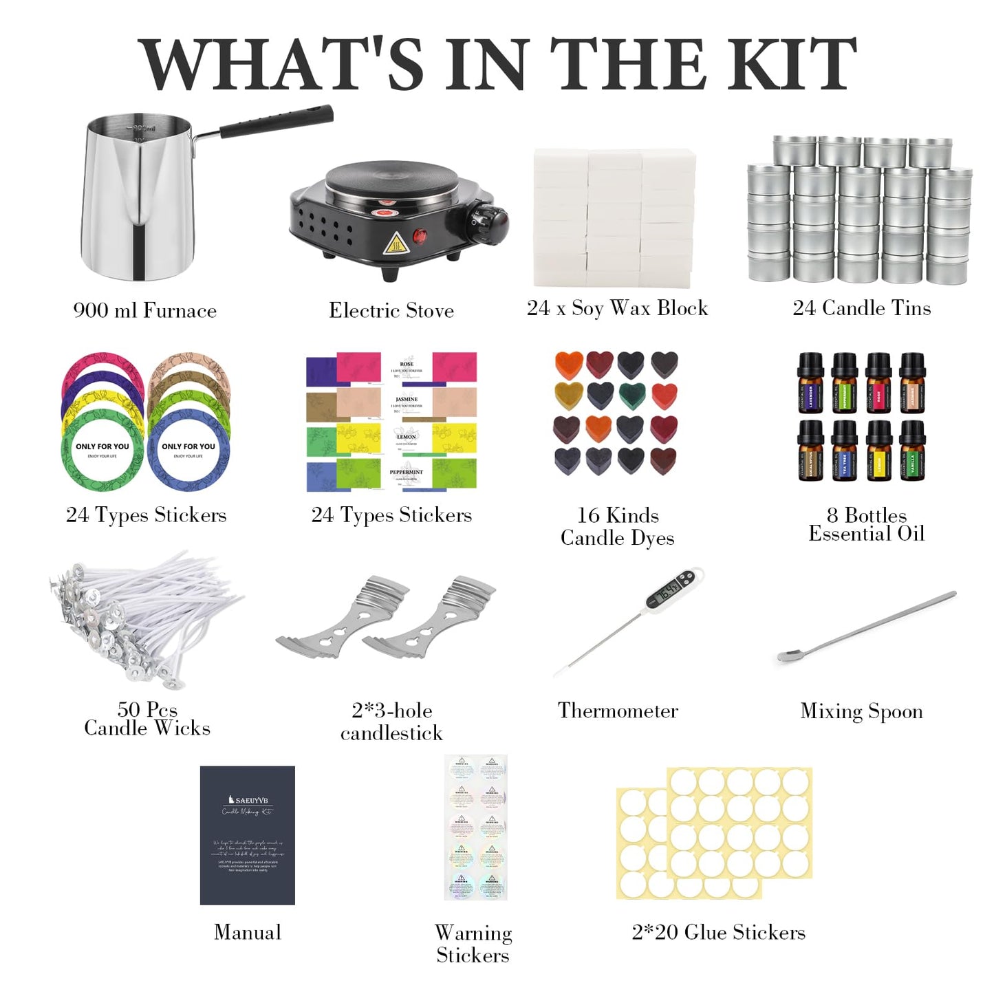 SAEUYVB Candle Making Kit - DIY Starter Soy Candle Making Supplies/Kit - Soy Wax, 10 Jars & Tins, 10 Pleasant Scents, Color Dyes & More,Perfect Candle Making Kit for Adults