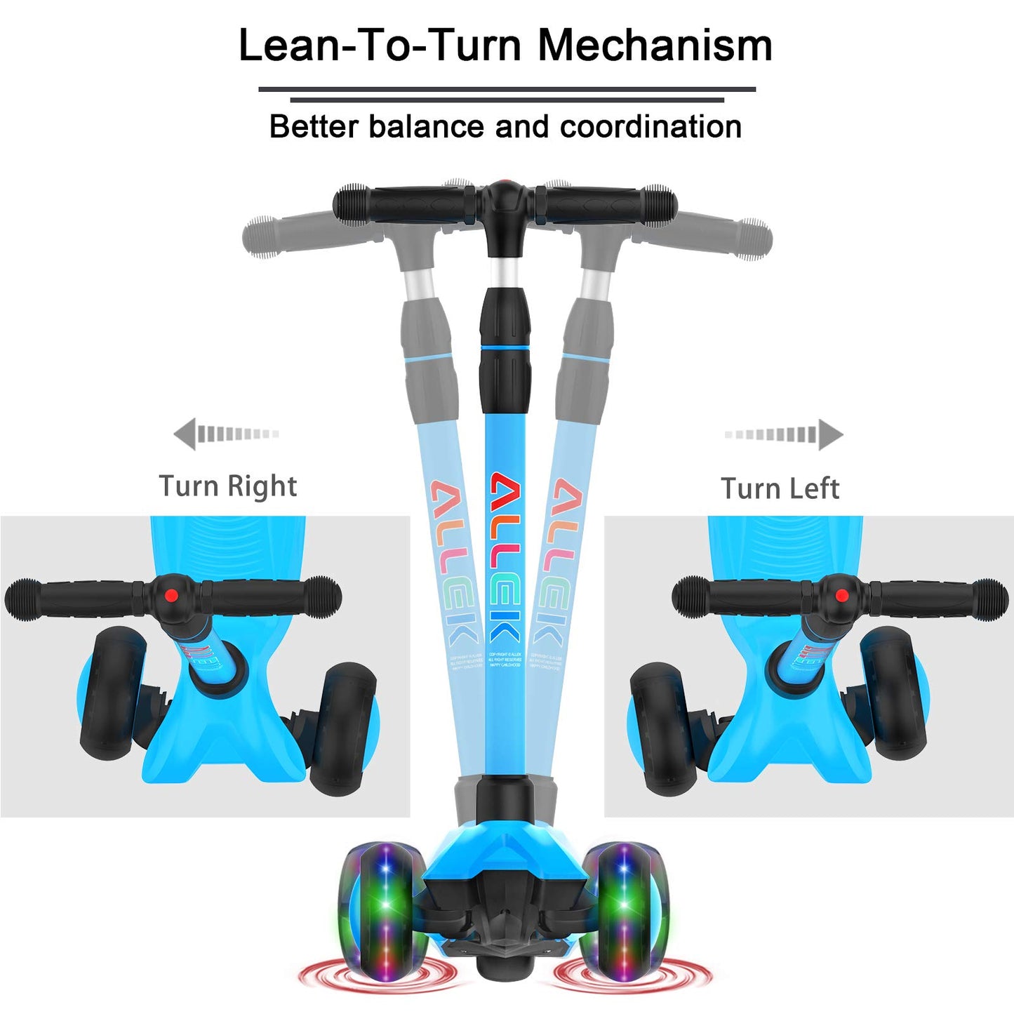 Allek Kick Scooter B03 for Kids (3-12 Years) — Style, Fun, and Safety on 3 Wheels with LED Lights, Adjustable Handlebar, and Reinforced Deck (Black)