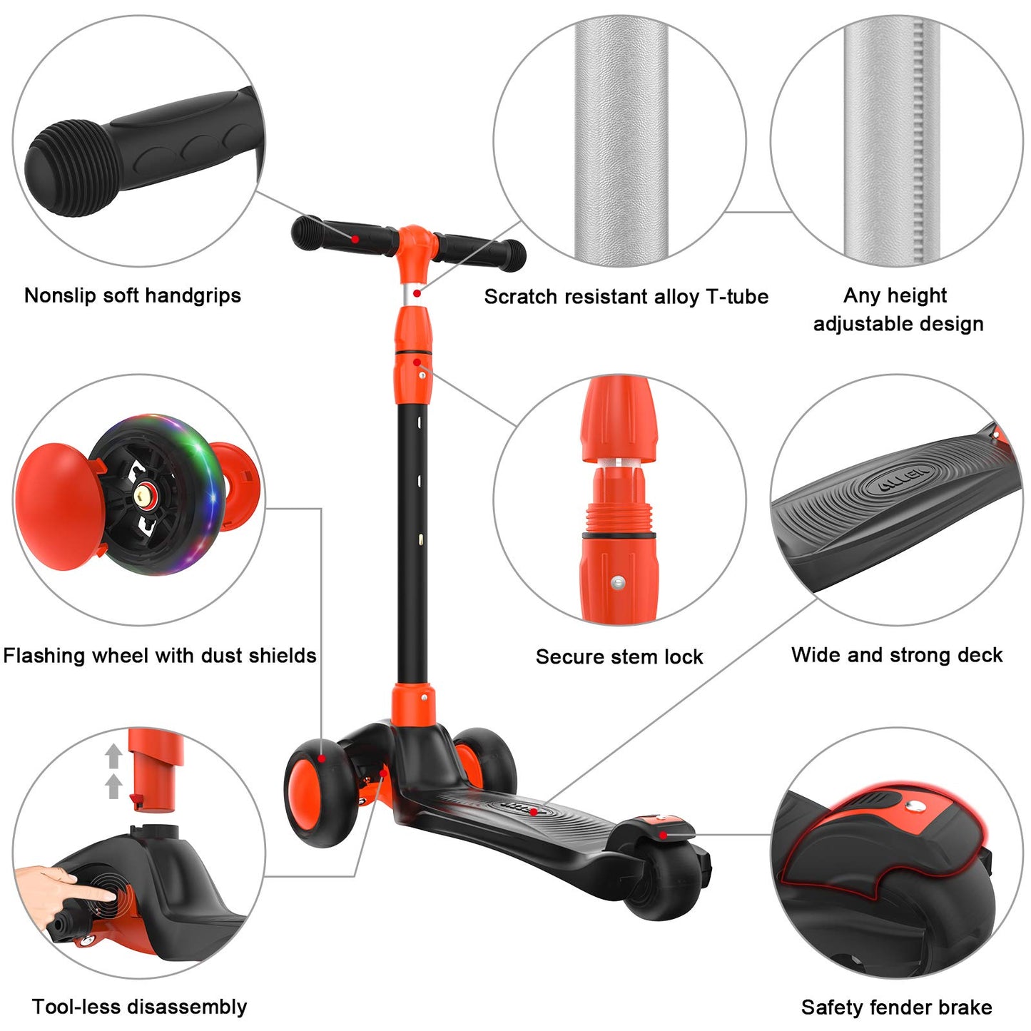 Allek Kick Scooter B03 for Kids (3-12 Years) — Style, Fun, and Safety on 3 Wheels with LED Lights, Adjustable Handlebar, and Reinforced Deck (Black)