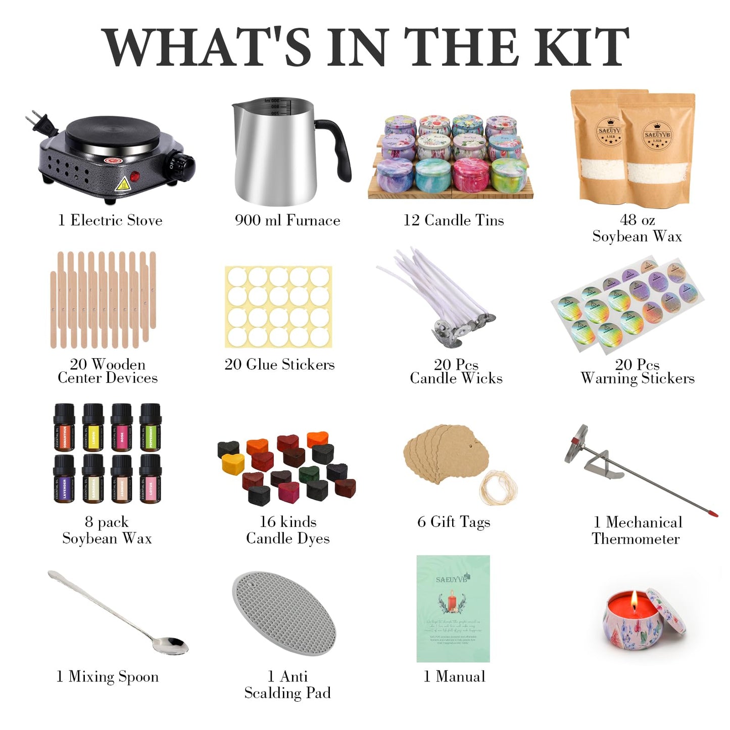 SAEUYVB Candle Making Kit - DIY Starter Soy Candle Making Supplies/Kit - Soy Wax, 10 Jars & Tins, 10 Pleasant Scents, Color Dyes & More,Perfect Candle Making Kit for Adults