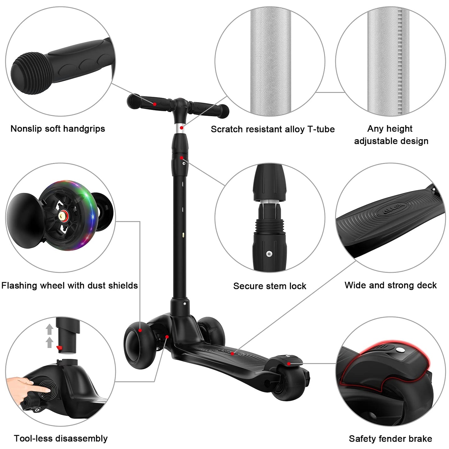 Allek Kick Scooter B03 for Kids (3-12 Years) — Style, Fun, and Safety on 3 Wheels with LED Lights, Adjustable Handlebar, and Reinforced Deck (Black)