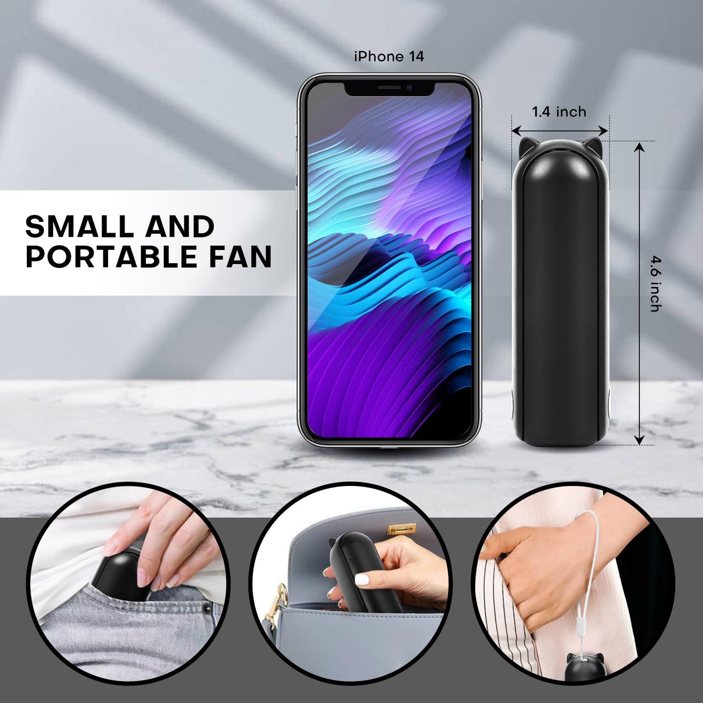 OHLGT Mini Ventilador Portátil: Silencioso, Recargable y Power Bank (9-15h)