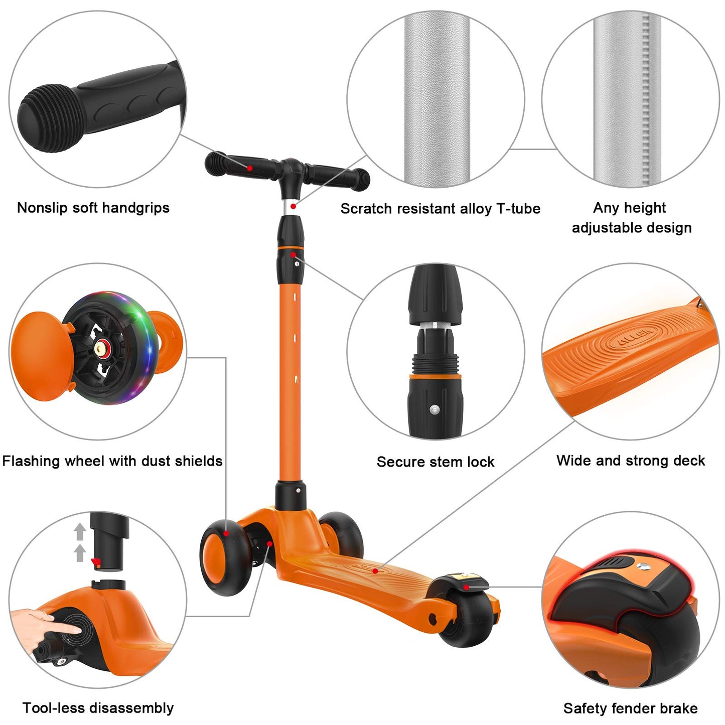 Allek Kick Scooter B03 for Kids (3-12 Years) — Style, Fun, and Safety on 3 Wheels with LED Lights, Adjustable Handlebar, and Reinforced Deck (Black)