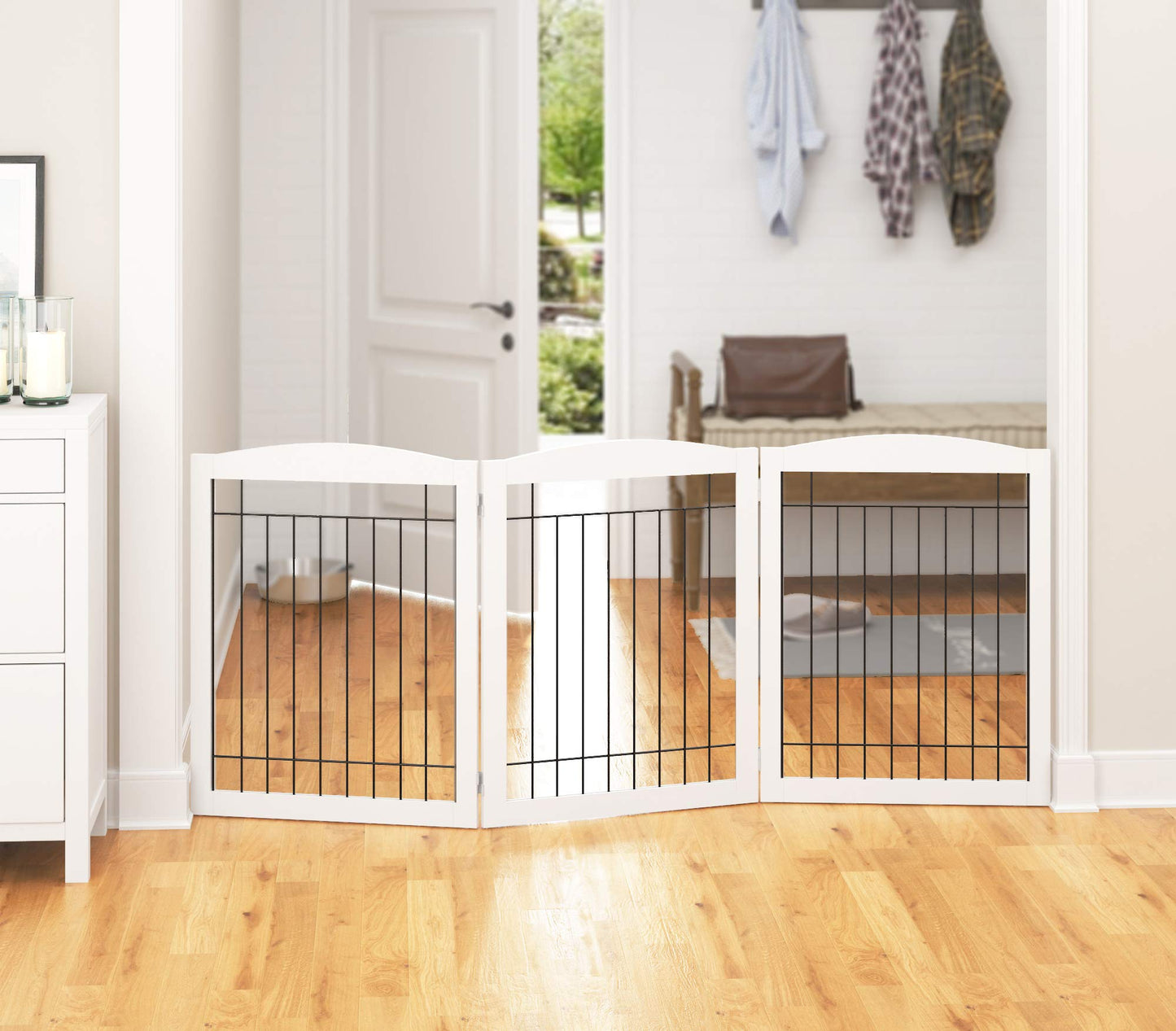 PAWLAND 144-inch Extra Wide 30-inches Tall Dog gate with Door Walk Through, Freestanding Wire Pet Gate for The House, Doorway, Stairs, Pet Puppy Safety Fence, Support Feet Included, Espresso,6 Panels