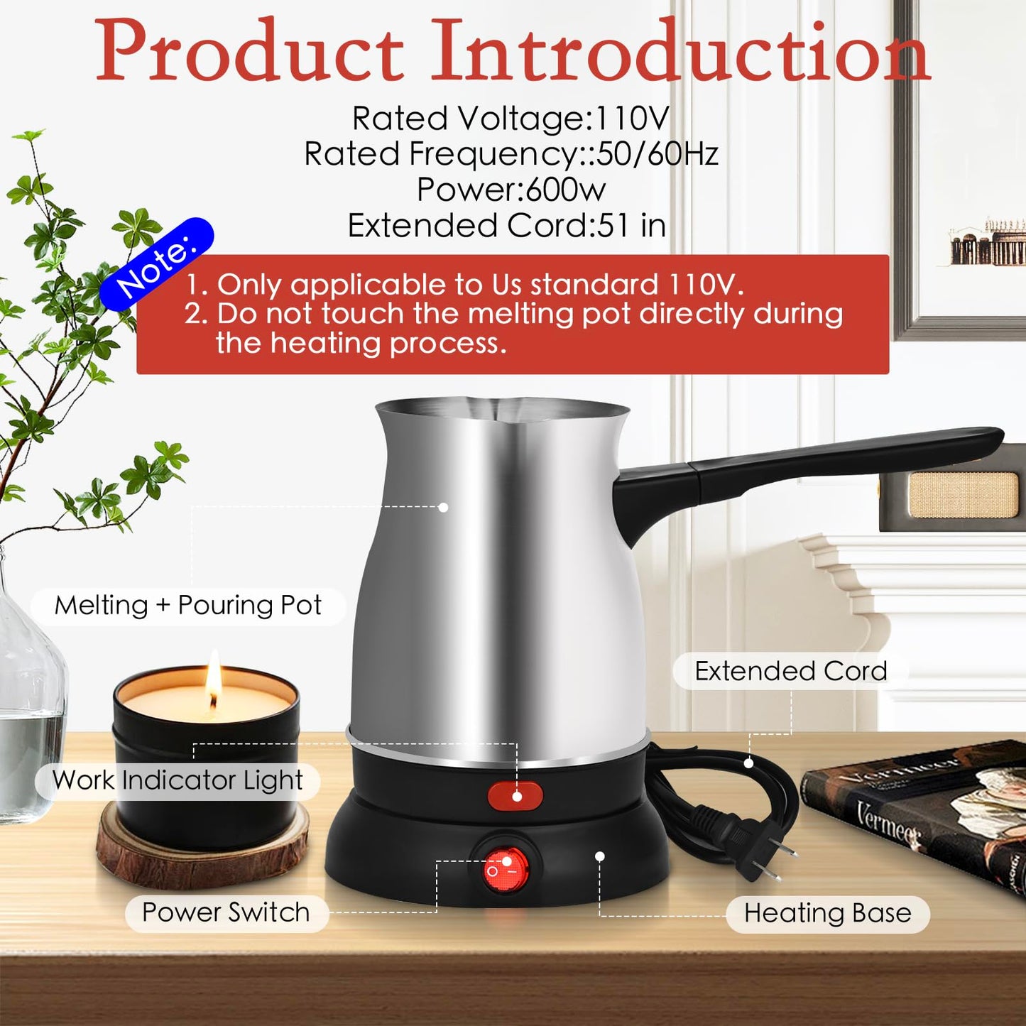 Candle Wax Melter, Stainless Steel Electric Wax Melter for Candle Making, Candle Making Kit with Hot Plate, Double Spouts Wax Melting Pot with 51IN Cord, Candle Making Supplies