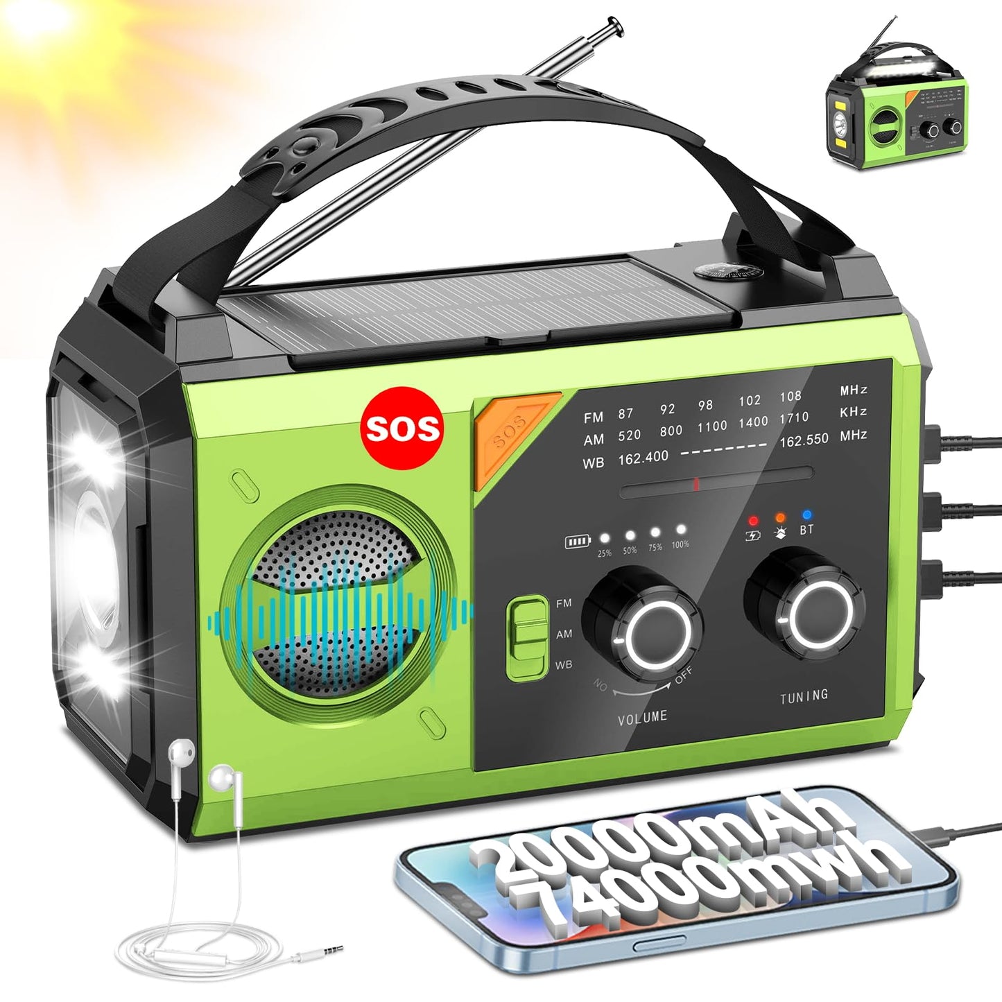 20000mAh Hand Crank Emergency Radio,AM/FM NOAA Weather Radio with 74000mWh Power Bank Cell Phone Charger,Solar Radio with LED Flashlight,USB Charged,Compass,SOS Alarm Camping & Survival(Grass Green)