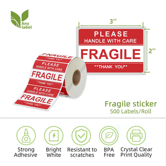 “Fragile – Handle With Care” Stickers | 500-Roll Adhesives 2″×3″ Eco Label