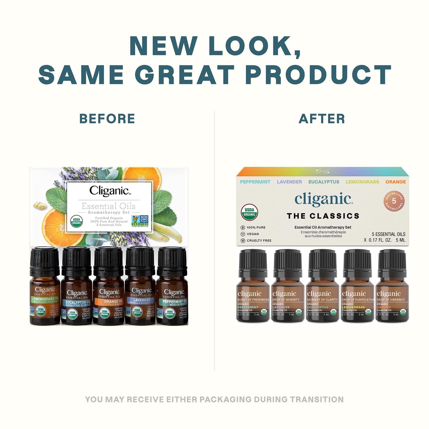 Cliganic Organic Essential Oils Set (Top 5) - 100% Pure Natural - Aromatherapy, Candle Making - Peppermint, Lavender, Eucalyptus, Lemongrass & Orange (Packaging May Vary)