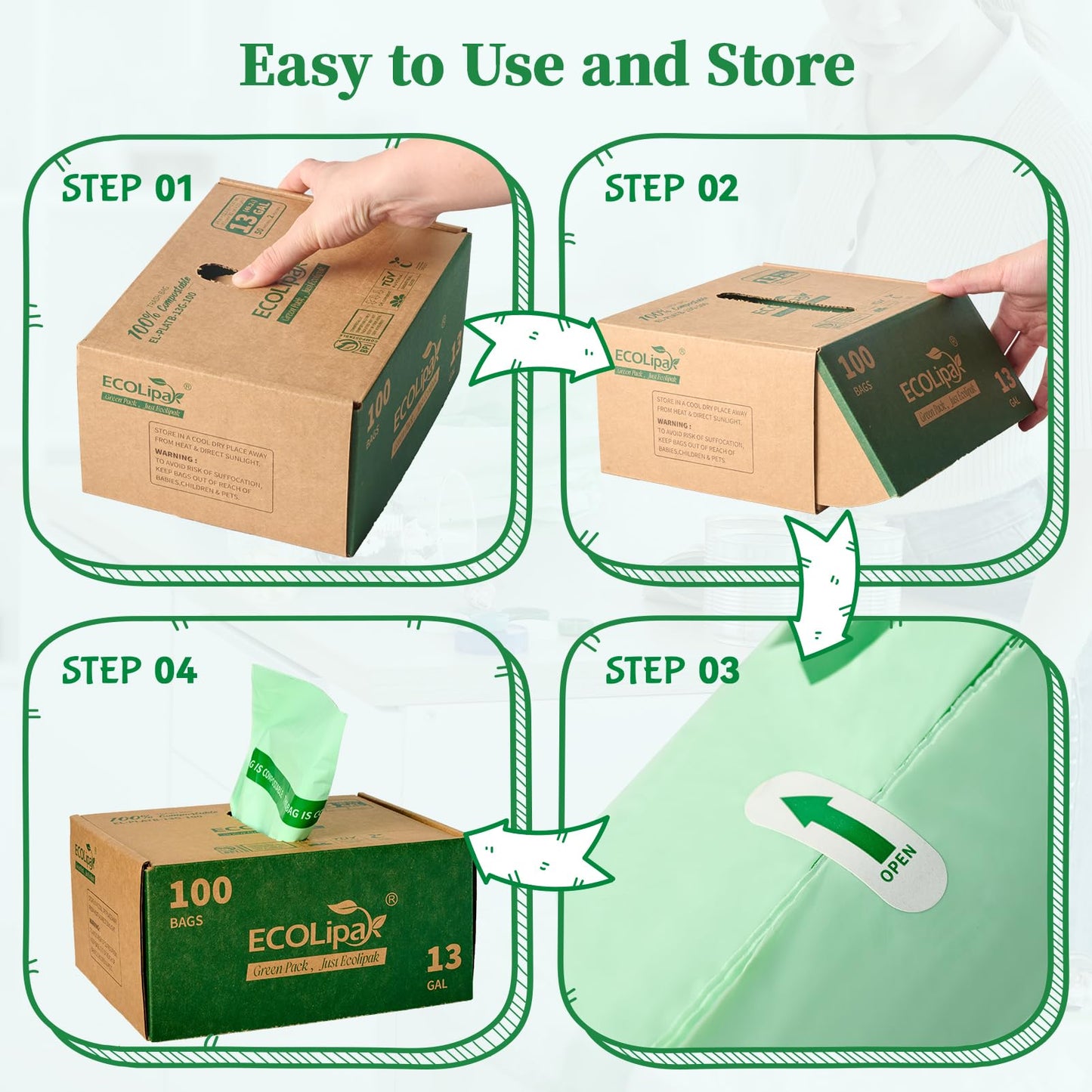 ECOLipak 49L Compostable Trash Bags – 100 Count (2 Rolls), Heavy Duty & Certified for Kitchen & Bathroom