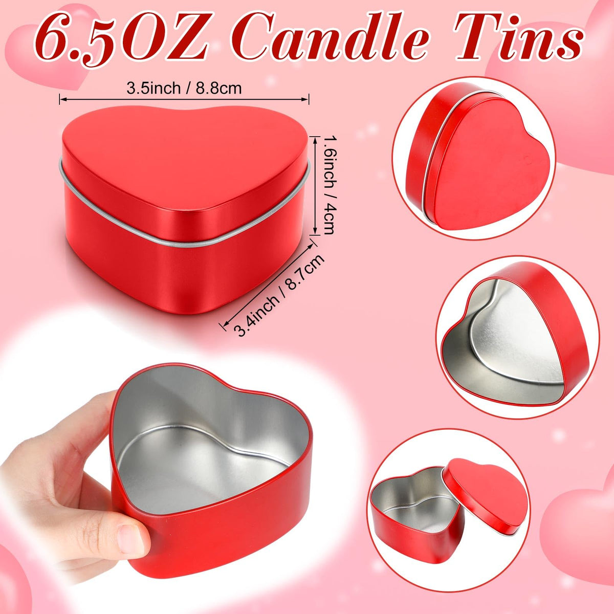 Vesici 24 Pcs 6.5 oz Heart Shaped Metal Candle Tins with Lids Valentine's Day Red Heart Empty Candle Jars Candle Containers Cans Heart Box for Making Candles Valentines Day Party Gift Supplies