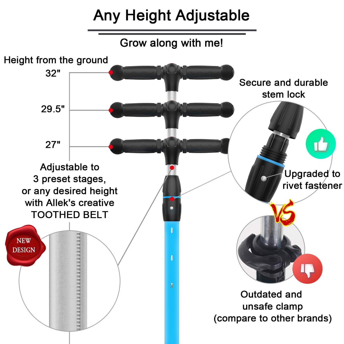 Allek Kick Scooter B03 for Kids (3-12 Years) — Style, Fun, and Safety on 3 Wheels with LED Lights, Adjustable Handlebar, and Reinforced Deck (Black)