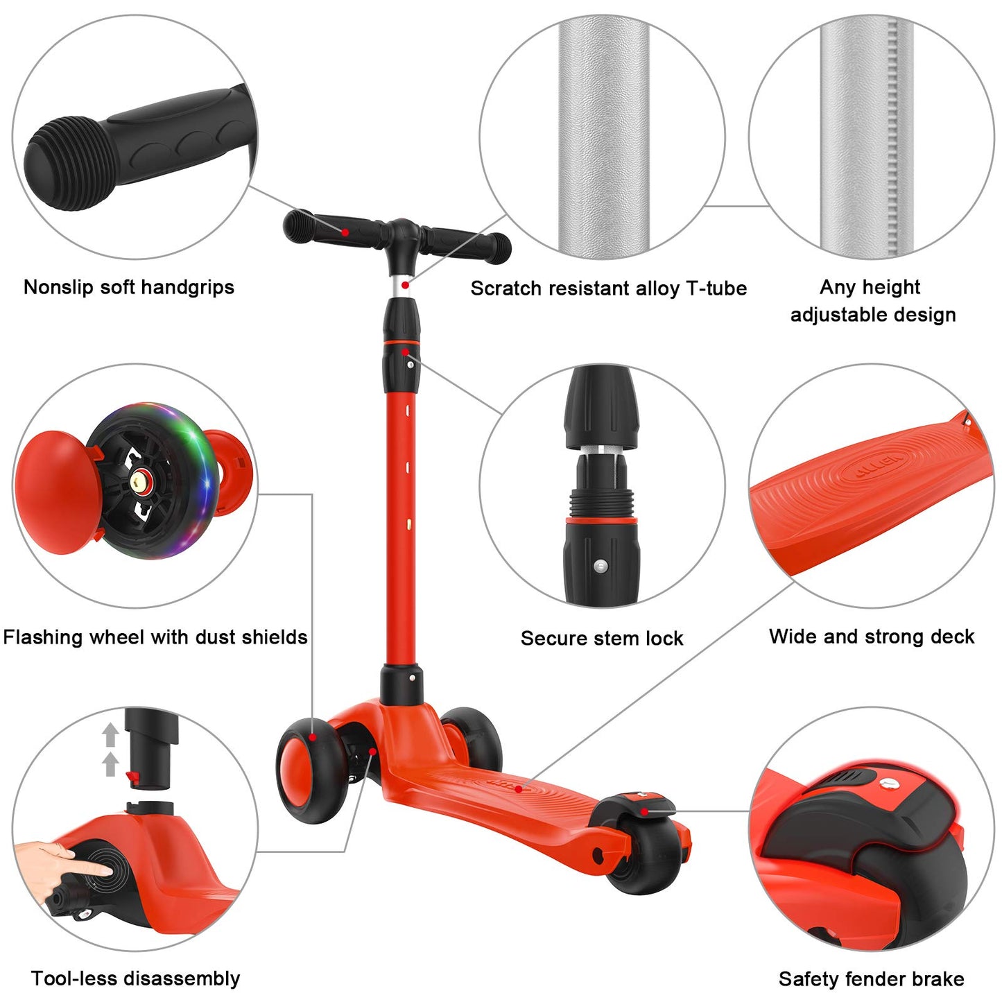 Allek Kick Scooter B03 for Kids (3-12 Years) — Style, Fun, and Safety on 3 Wheels with LED Lights, Adjustable Handlebar, and Reinforced Deck (Black)