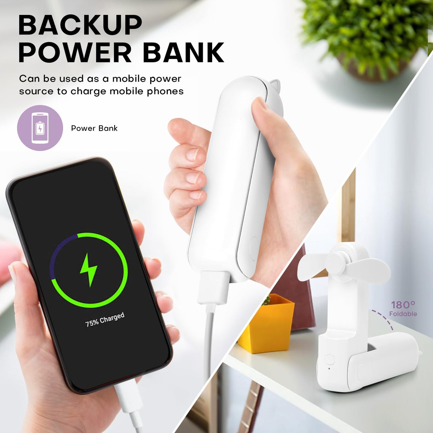 OHLGT Mini Ventilador Portátil: Silencioso, Recargable y Power Bank (9-15h)
