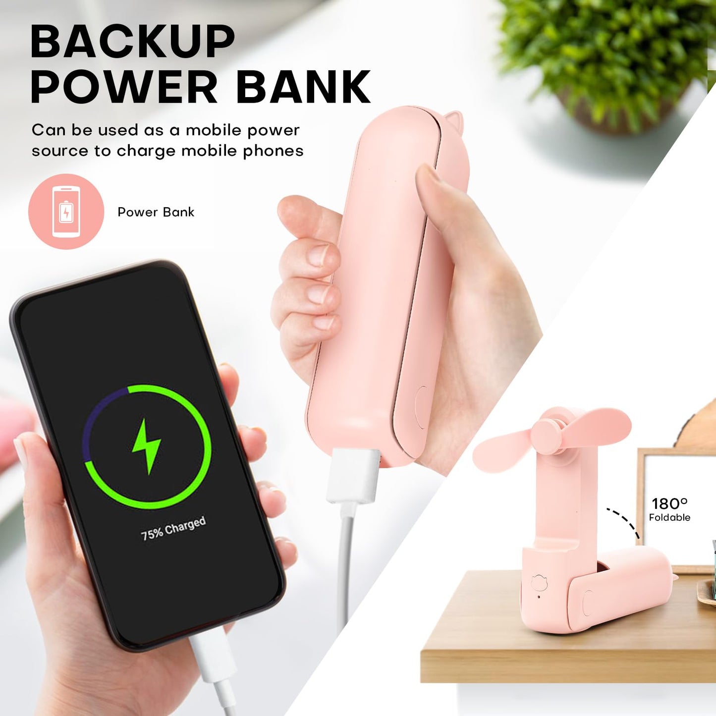 OHLGT Mini Ventilador Portátil: Silencioso, Recargable y Power Bank (9-15h)