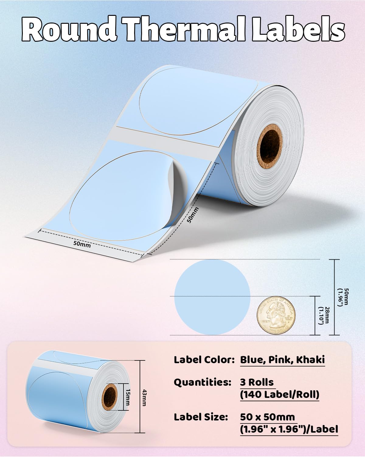 M110 Labels, M110 Thermal Labels for M110 M220 M221 Labels Maker - Pink & Blue & Khaki,1.96“, Thermal Labels Compatible with Phomemo M110 M220 M221 M150 M250 M260 Label Printer -140pcs, 3Rolls, Round