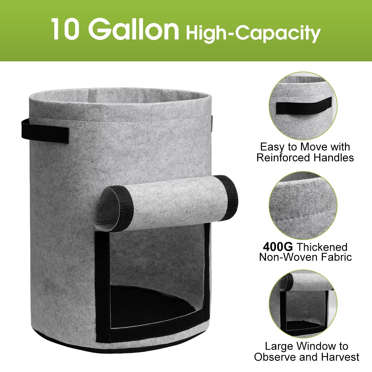 Potato Grow Bags with Flap 10 Gallon, 4 Pack Planter Pot with Handles and Harvest Window for Potato Tomato and Vegetables, Black and Gray