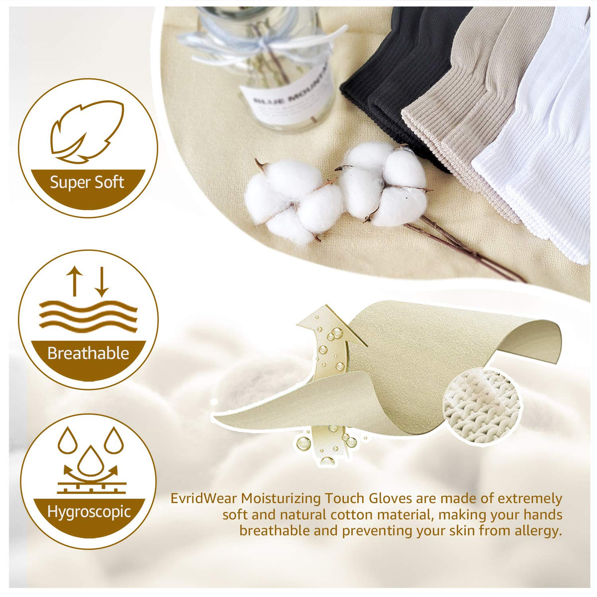 EvridWear Moisturizing Cotton Gloves | Unisex Touchscreen-Friendly Hand Care Gloves