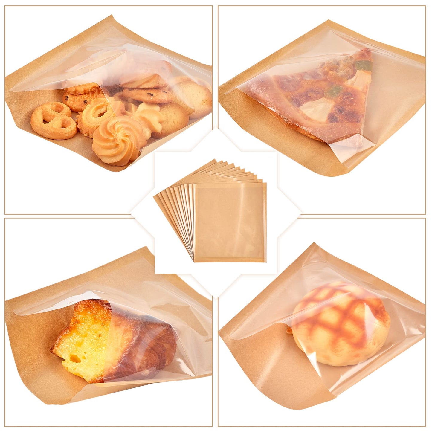 200 Pack Heat Sealable Bakery Bags with Window, Kraft Paper Sandwich Bags, Grease Resistant Cookies Bags To Go for Packaging Donut, Pastries and other Treats (7.5 x 7.1 Inches)