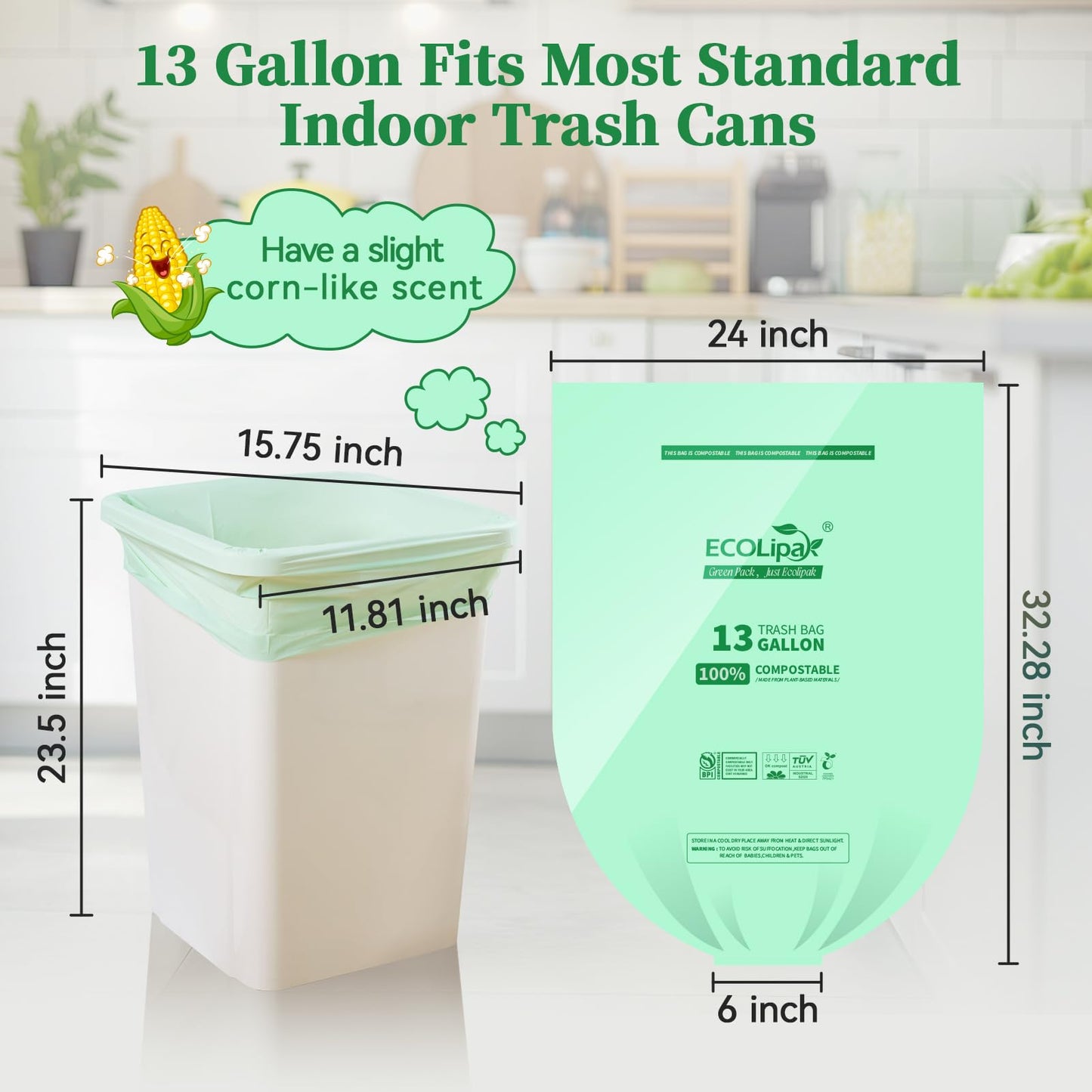 ECOLipak 49L Compostable Trash Bags – 100 Count (2 Rolls), Heavy Duty & Certified for Kitchen & Bathroom