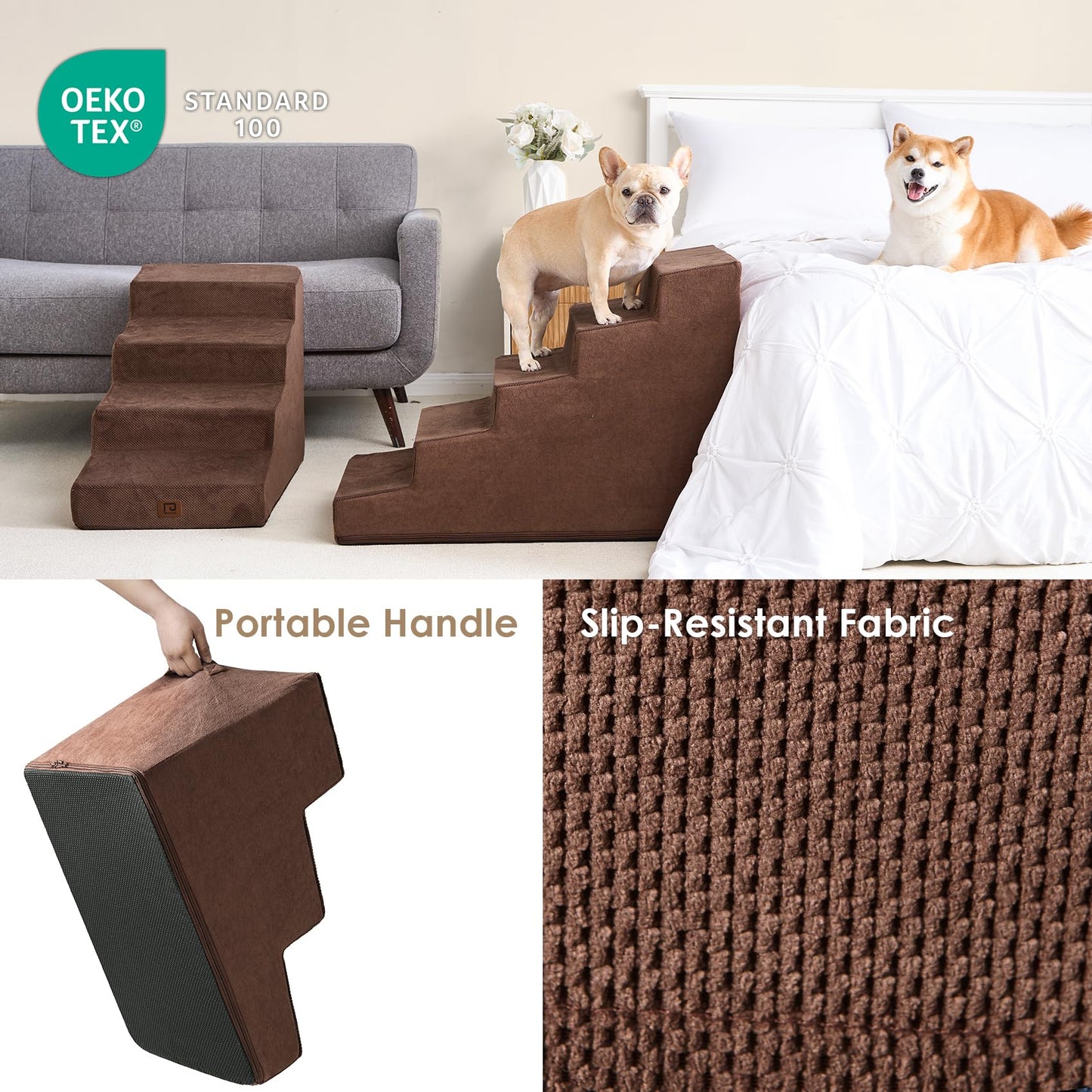 EHEYCIGA Dog Stairs | 4-Step (~18″ H) Non-Slip Pet Steps for Small Dogs & Cats – Grey