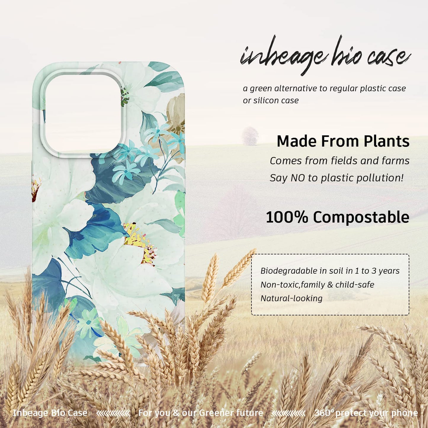 Bio Case for iPhone 14 Pro Case Floral,Made from Plants,100% Biodegradable Cover with Flower Garden Full Body Patterns, Eco-Friendly and Compostable,6.1 Inch,2022 (Pattern-Green Flower)