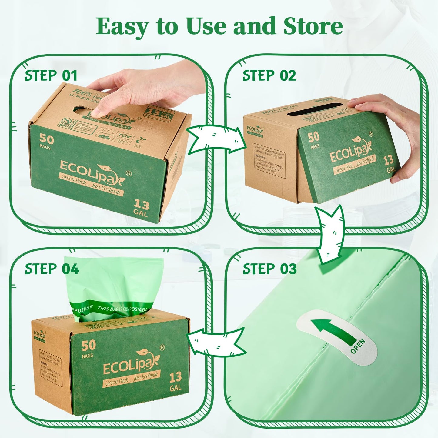 ECOLipak 49L Compostable Trash Bags – 100 Count (2 Rolls), Heavy Duty & Certified for Kitchen & Bathroom