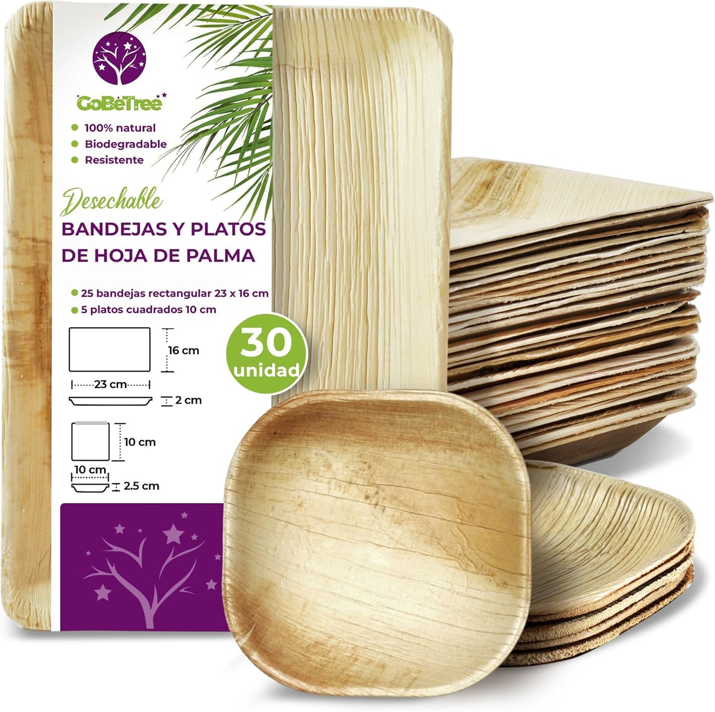 GoBeTree Bandejas Desechables de Hoja de Palma 30 Piezas, 25 Bandeja Rectangular de 23 x 16 cm y 5 Platos Cuadrados de 10 cm. vajilla Rustica de Madera para barbacoas y Fiesta de cumpleaños.