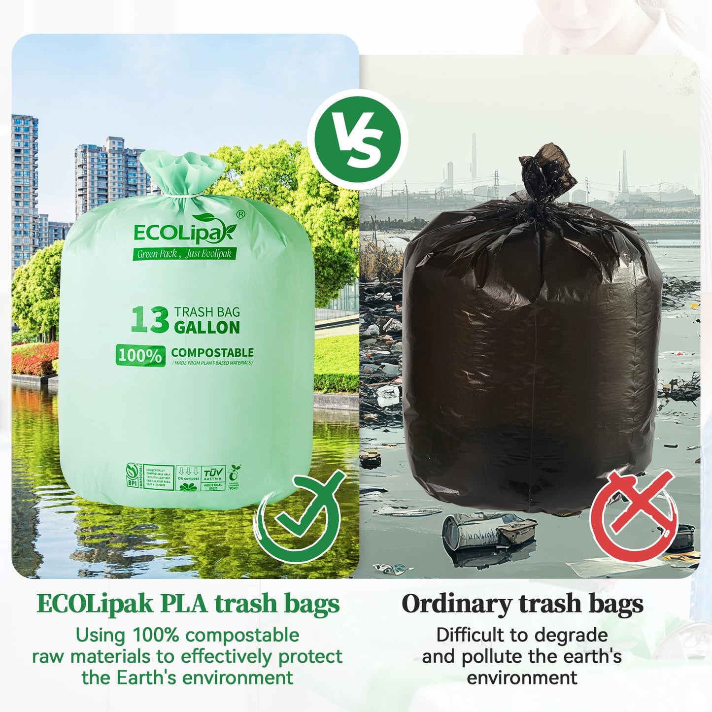 ECOLipak 49L Compostable Trash Bags – 100 Count (2 Rolls), Heavy Duty & Certified for Kitchen & Bathroom