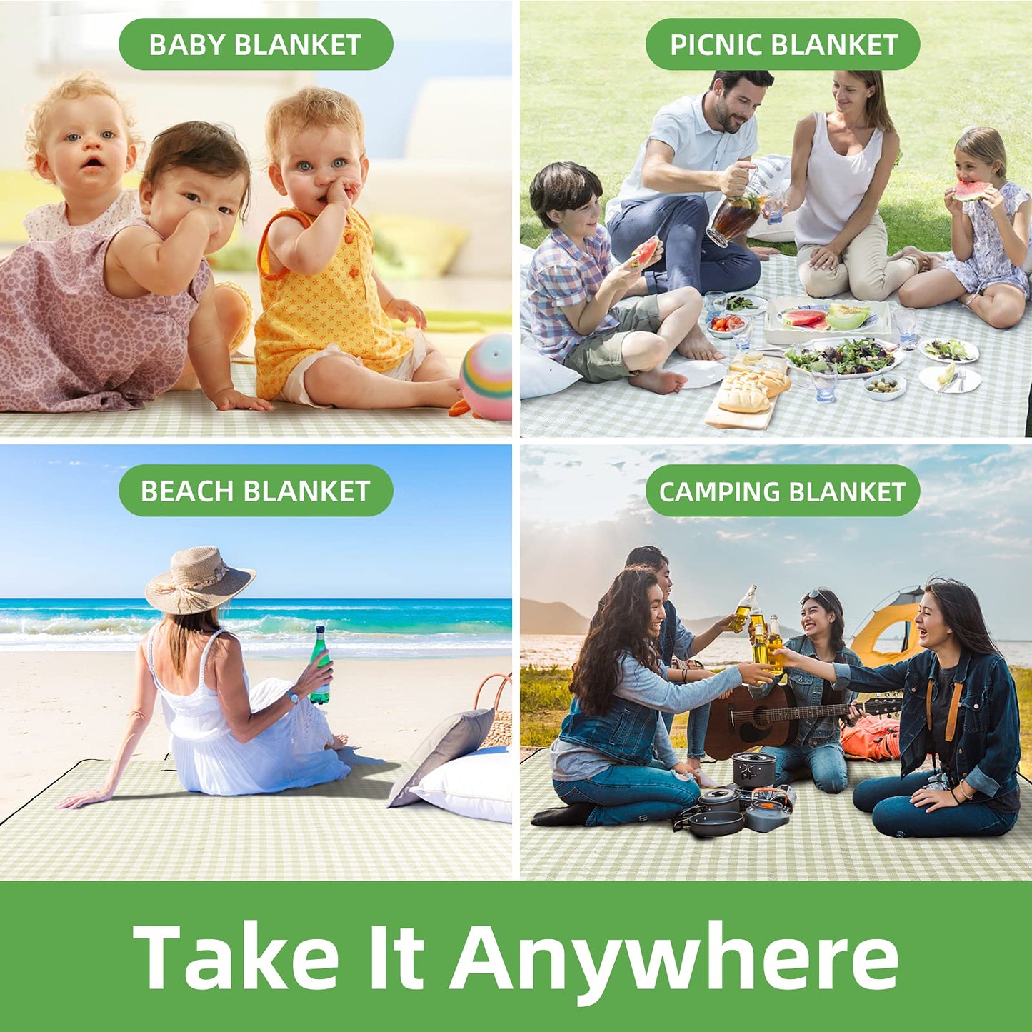 ZAZE XL Picnic Blanket 80"x80" — Waterproof, Foldable, Gingham Style for Beach, Camping, or Garden | Ideal for Couples, Weddings, and Green Gifts (Green/White)