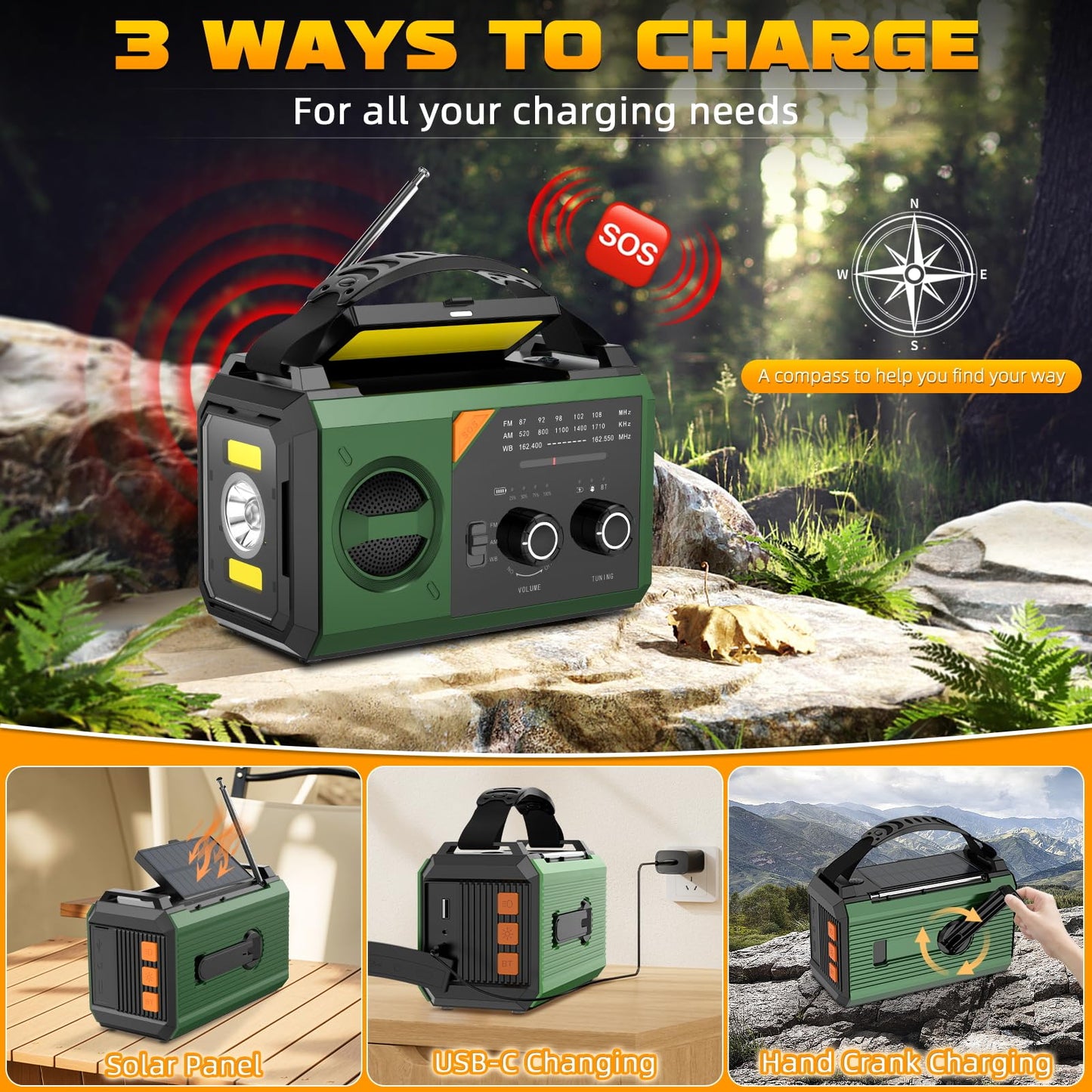 20000mAh Hand Crank Emergency Radio,AM/FM NOAA Weather Radio with 74000mWh Power Bank Cell Phone Charger,Solar Radio with LED Flashlight,USB Charged,Compass,SOS Alarm Camping & Survival(Grass Green)