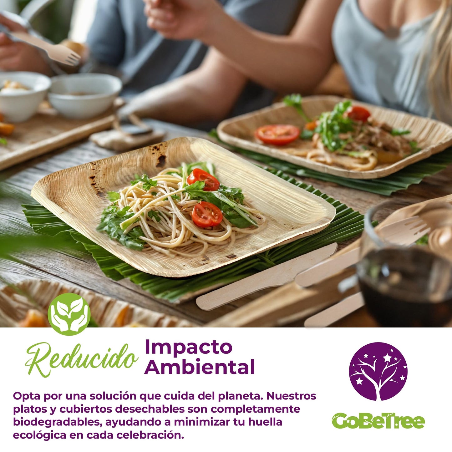 Eco-friendly pack: 25 palm plates 25 cm + 75 compostable wooden cutlery