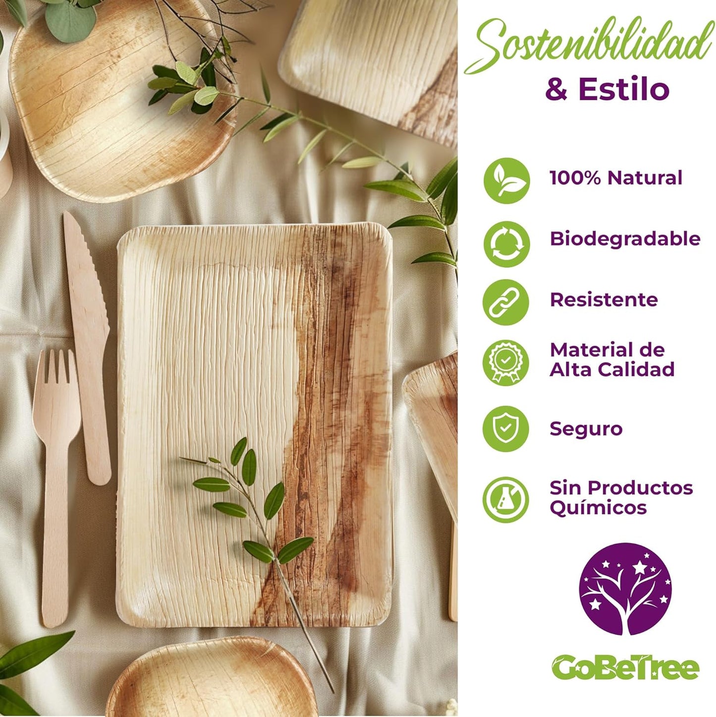 GoBeTree Bandejas Desechables de Hoja de Palma 30 Piezas, 25 Bandeja Rectangular de 23 x 16 cm y 5 Platos Cuadrados de 10 cm. vajilla Rustica de Madera para barbacoas y Fiesta de cumpleaños.