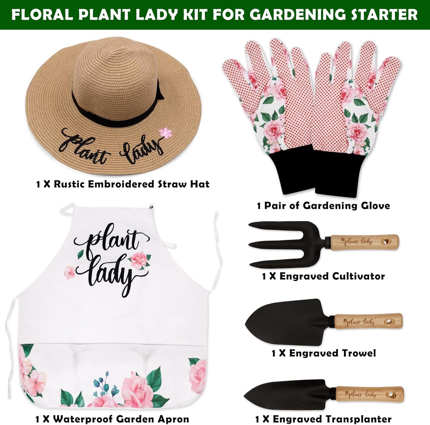 Percozzi Plant Lady Gardening Gifts for Women Gardening Tools Kit with Planting Tools Straw Hat Floral Apron Glove for Her Spring Outdoor Grandmother Horticulture Starter Set of 6
