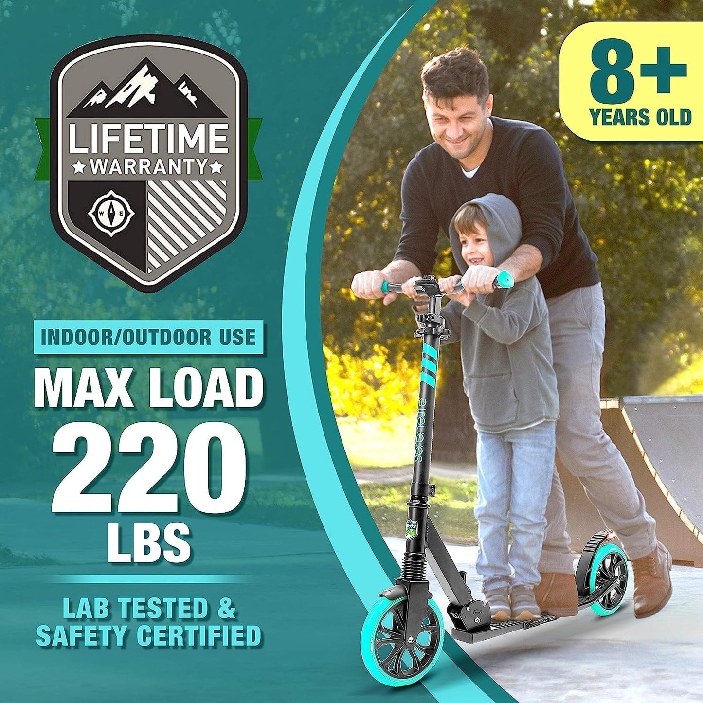 SereneLife Kick Scooter Adult Teenagers Kids- 2 Wheel Kids Scooter with Adjustable T-Bar Handlebar - Alloy Anti-Slip Deck - Portable Folding Scooters for Kids with Carrying Strap