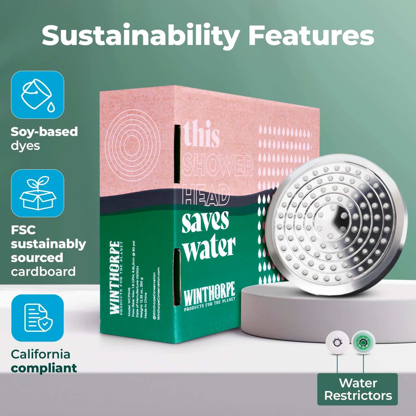 Winthorpe Eco-Friendly Shower Head – High Pressure Rainfall, Water Saving 1.8 GPM, Modern Design & Easy Installation