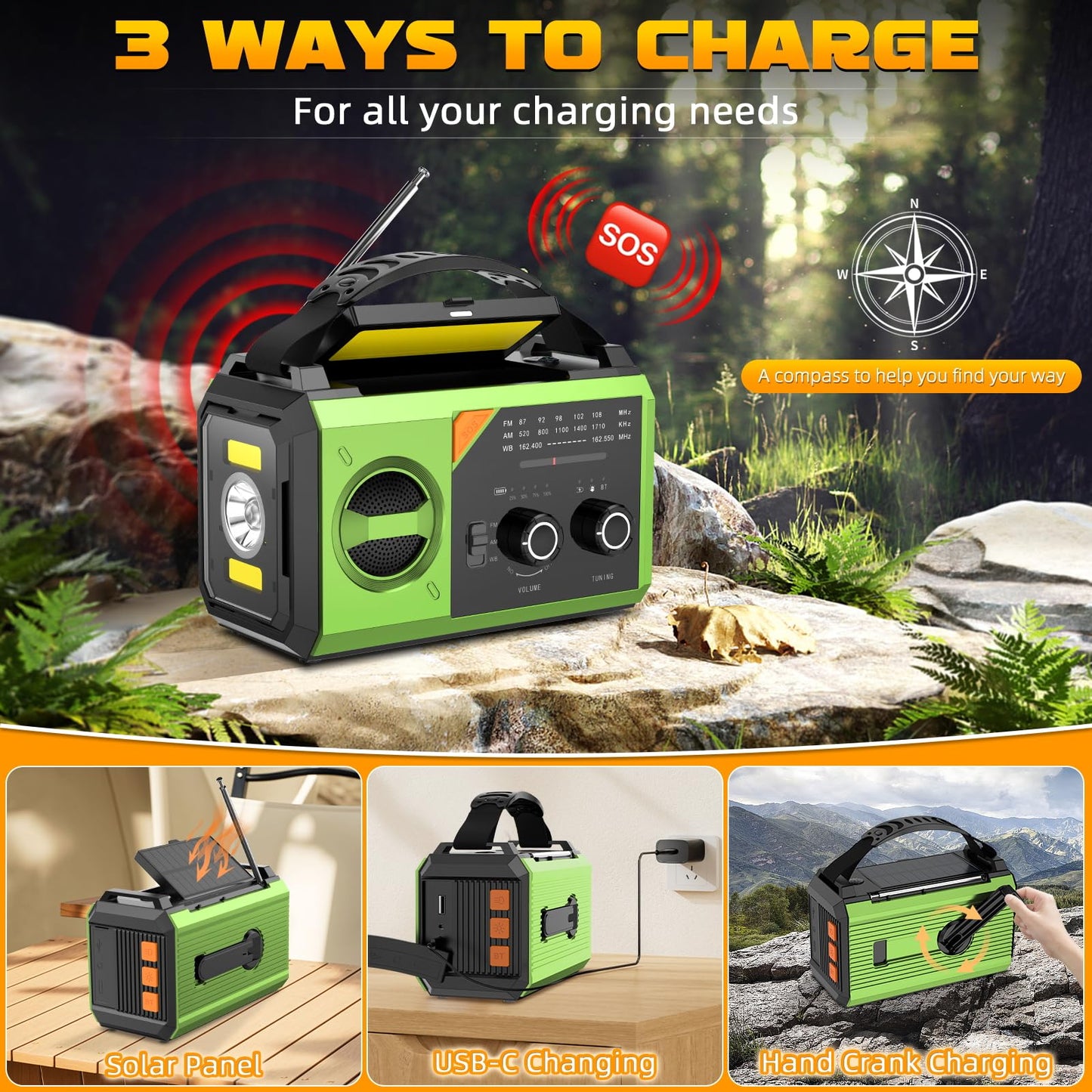 20000mAh Hand Crank Emergency Radio,AM/FM NOAA Weather Radio with 74000mWh Power Bank Cell Phone Charger,Solar Radio with LED Flashlight,USB Charged,Compass,SOS Alarm Camping & Survival(Grass Green)