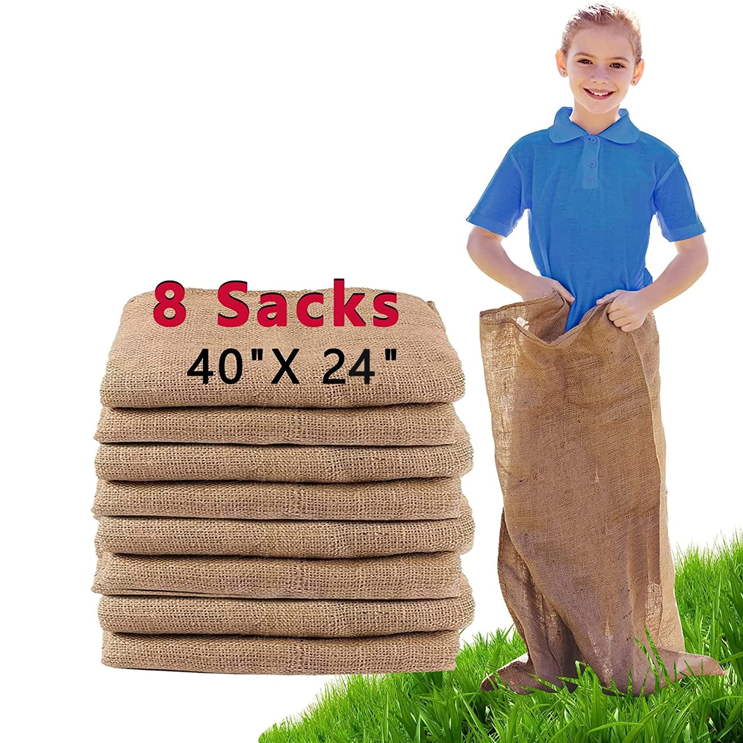 8 Pack Burlap Potato Sack Race Bags, 24"x40" Outdoor Lawn Games for Kids & Adults, Outside yard games for Birthday Party, Field Day Family Reunion, Carnival, Easter, Halloween, 4th of July